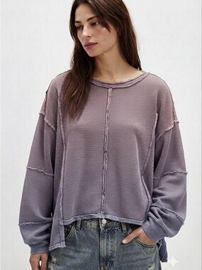 We The Free Ribbed Raw-Edge Sweatshirt in Dusty Lavender